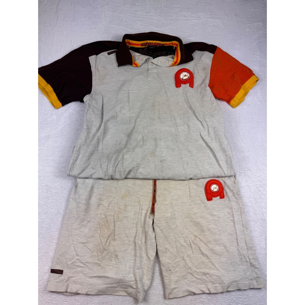 Akademiks Stadium Division Mens XXL 2 Piece Polo Shirt & Shorts Set Gray Orange